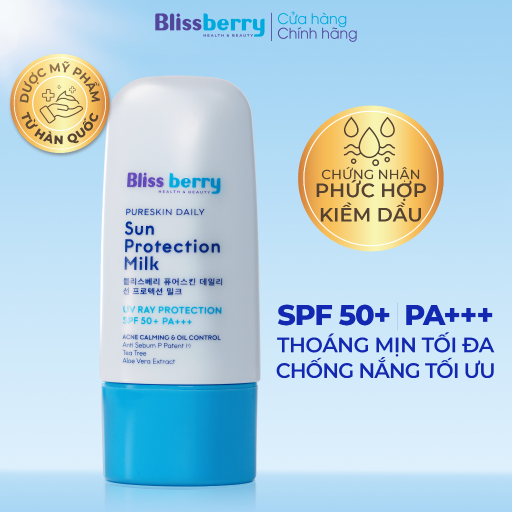 Kem chống nắng nâng tông kiềm dầu Blissberry Pureskin Daily Sun Protection Milk 60ml