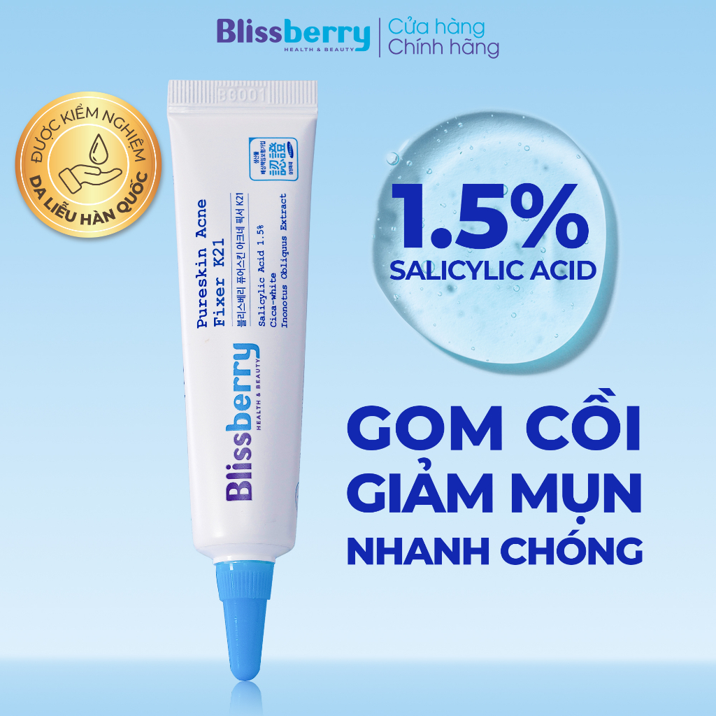 Gel giảm mụn mờ thâm Blissberry Pureskin Acne Fixer K21 5ml