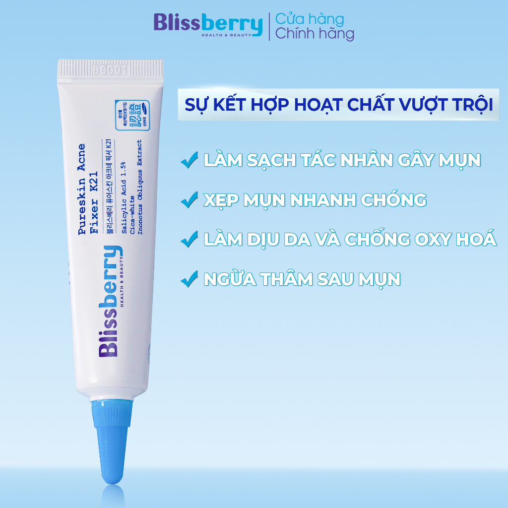 Gel giảm mụn mờ thâm Blissberry Pureskin Acne Fixer K21 15ml