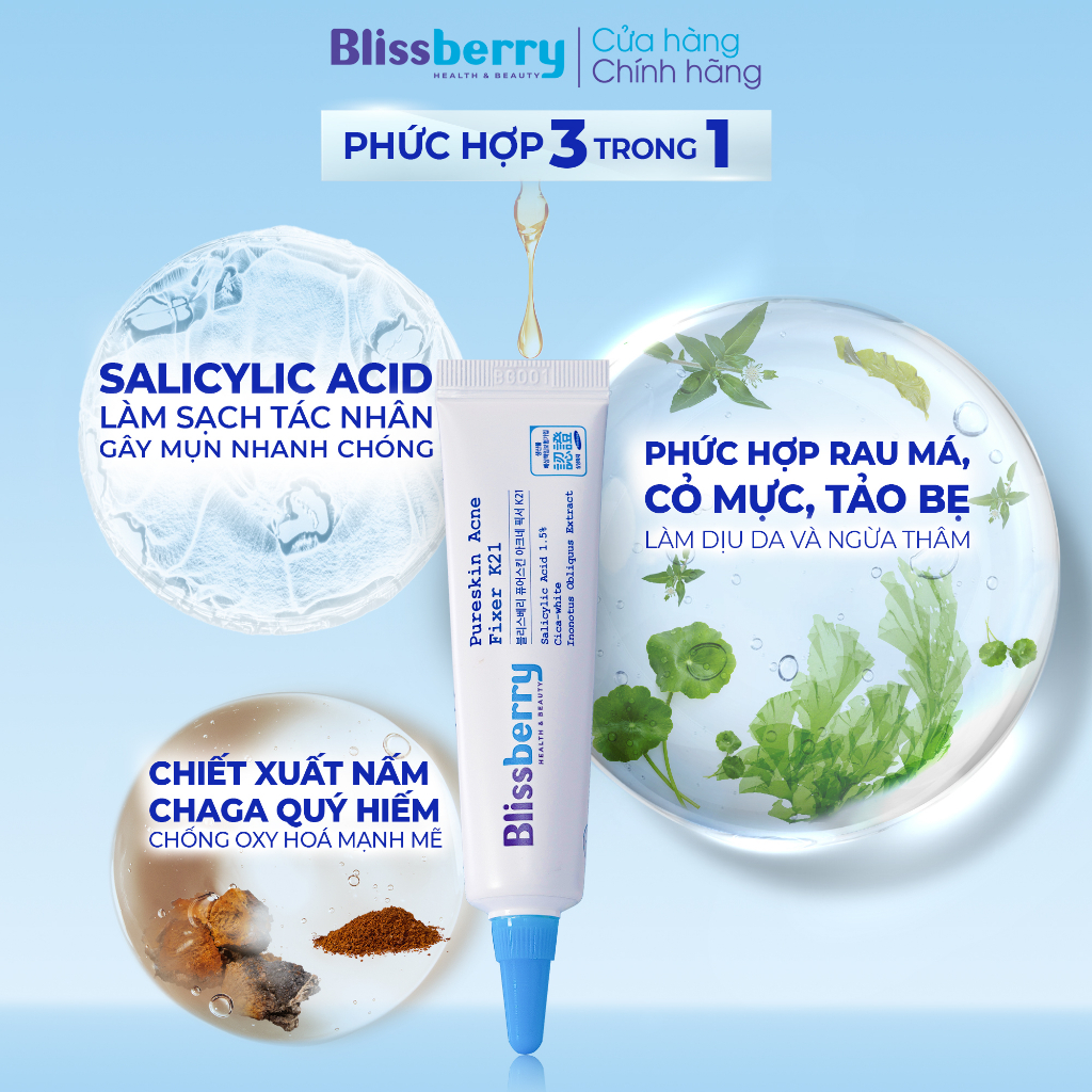 Gel giảm mụn mờ thâm Blissberry Pureskin Acne Fixer K21 5ml