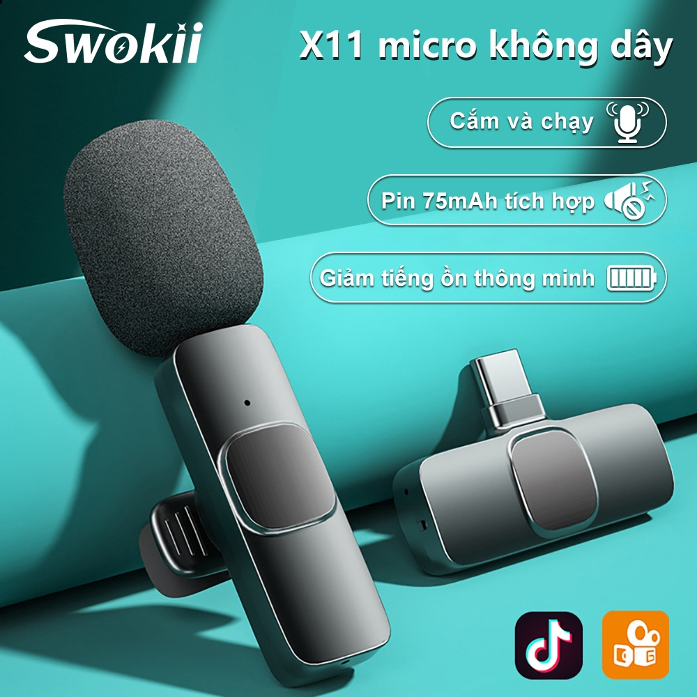 Swokii X11 micro không dây, micro không dây cài áo, micro thu âm chuyên nghiệp, mic thu âm livestream, Cắm và chạy