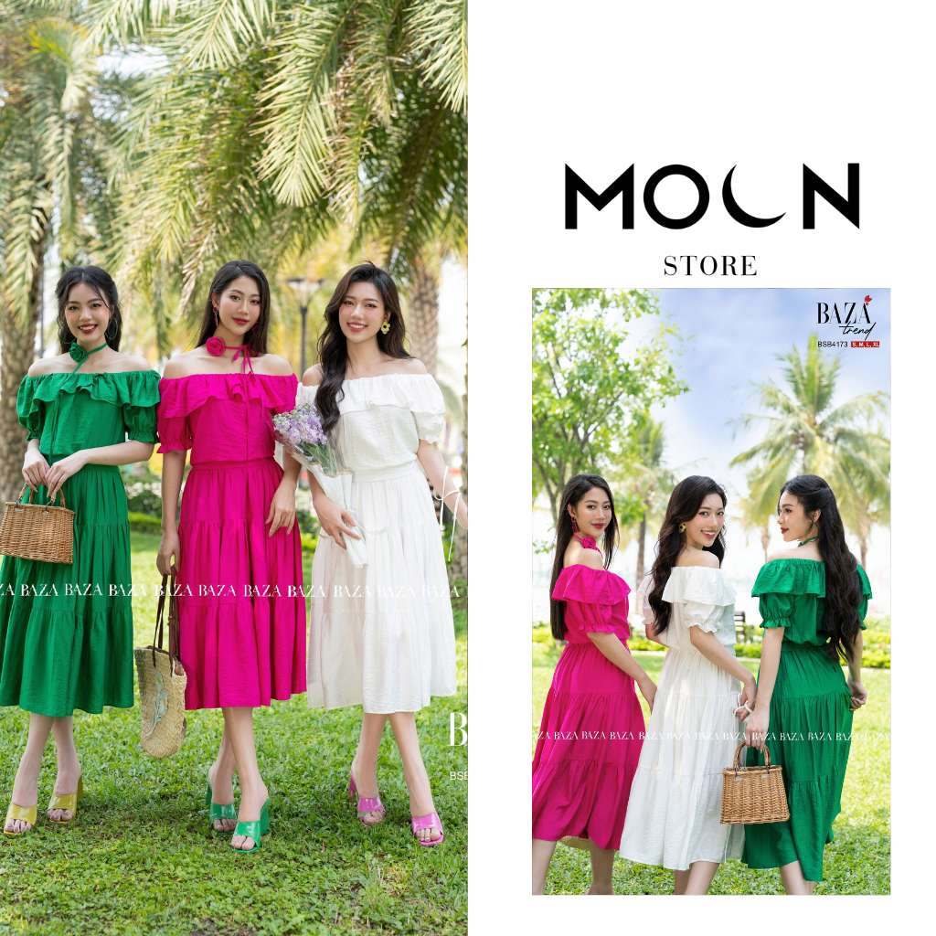 Set chân váy áo trễ vai nữ, bộ đồ nữ công sở du lịch dáng dài sang chảnh chất đũi xước thời trang thiết kế BSB4173 Moon