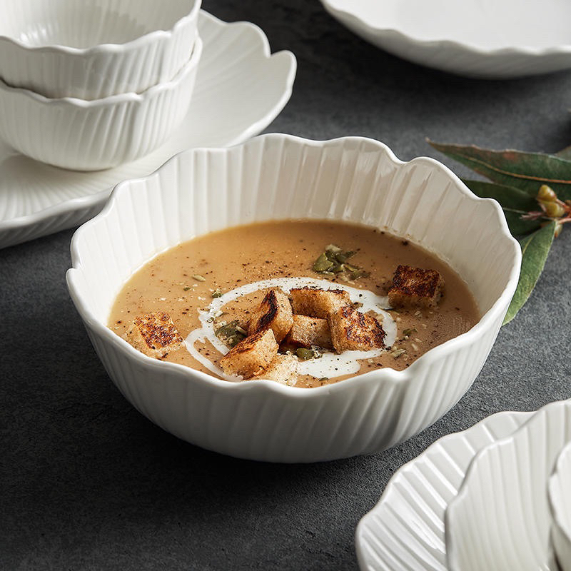 Bộ bát đĩa cánh hoa màu trắng, bát đĩa decor