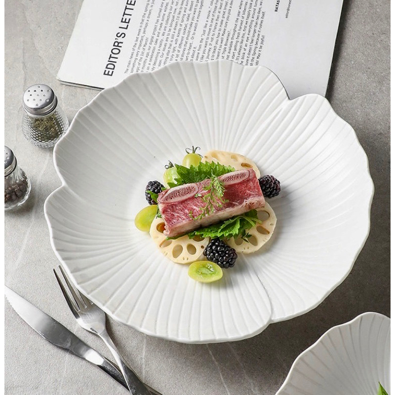 Bộ bát đĩa cánh hoa màu trắng, bát đĩa decor