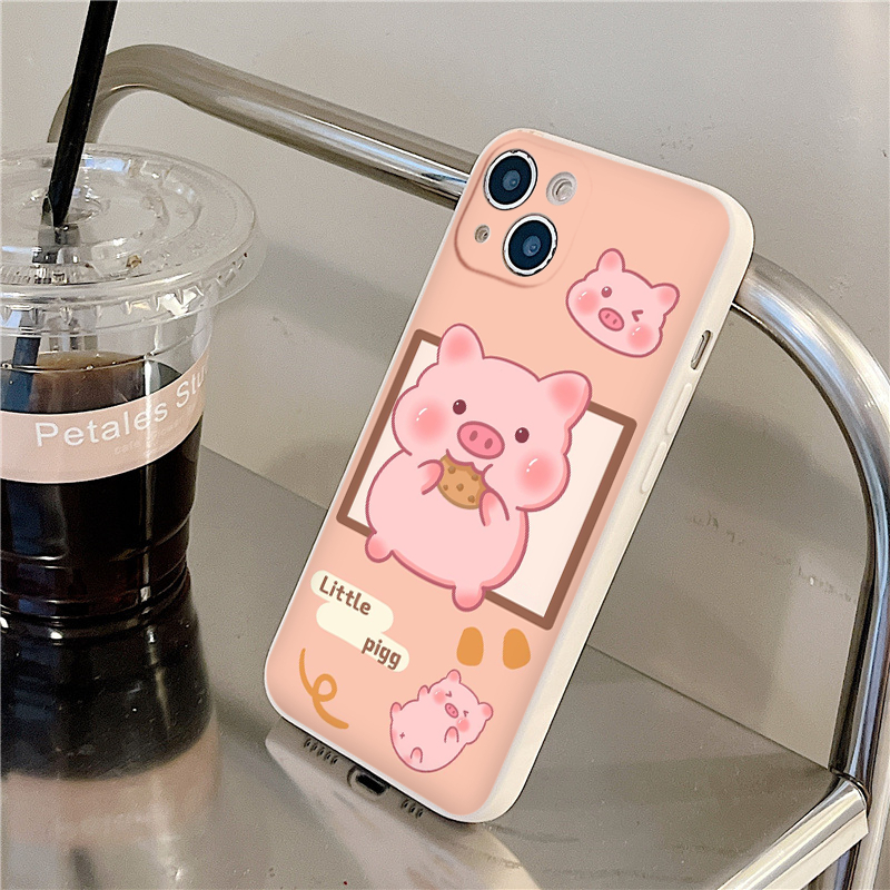 Ốp lưng Iphone viền vuông heo hồng ăn bánh litter pig xinh 6/7/8Plus X XS xr xsmax 11/12/13/14pro prm e5874