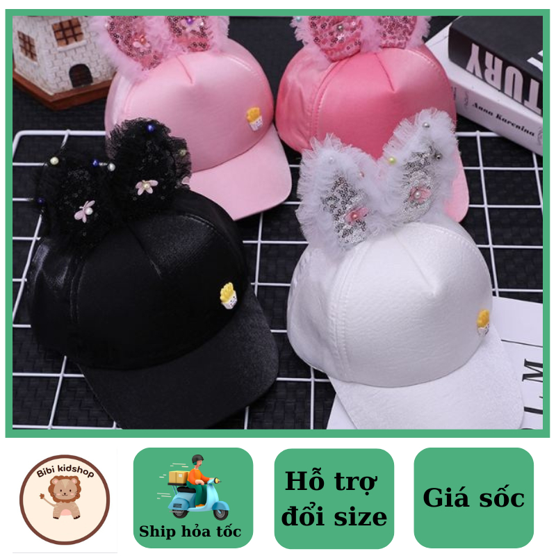 Mũ lưỡi trai cho bé gái B15. Nón lưỡi trai thiết kế tai thỏ đính kim sa lấp lánh cho bé gái từ 3 đến 7 tuổi