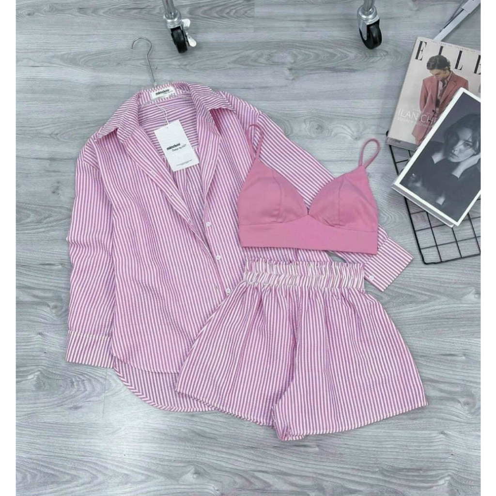 Set 3 món đi biển Bebedoll,sét bikini, Set bộ quần đùi Áo bra 2 dây cạp chun eo kèm sơ mi mặc khoác ngoài