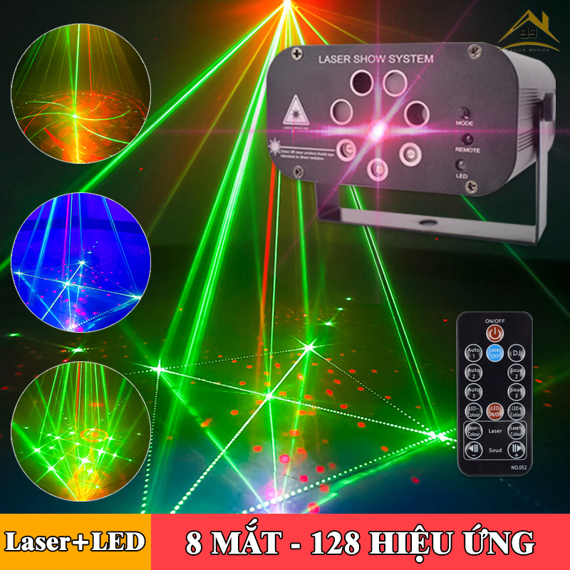 Đèn Laser 8 Mắt Cao Cấp với 128 hiệu ứng nháy theo nhạc cực sống động dành cho Sân Khấu, Phòng Karaoke, Bar,Pub,..