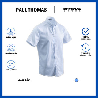 Áo sơ mi nam cộc tay hàng chính hãng kẻ sọc xanh, dáng slim ôm vừa trẻ trung - paul thomas
