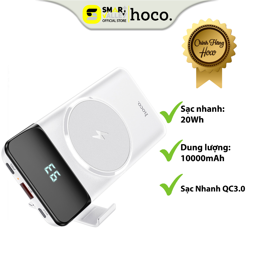 Pin Sạc Dự Phòng Hoco J76, Dung Lượng 10.000mAh , Hỗ Trơ Sạc Không Dây, Màn Led Hiển Thị Pin, Sạc Nhanh QC3.0 và PD20W.