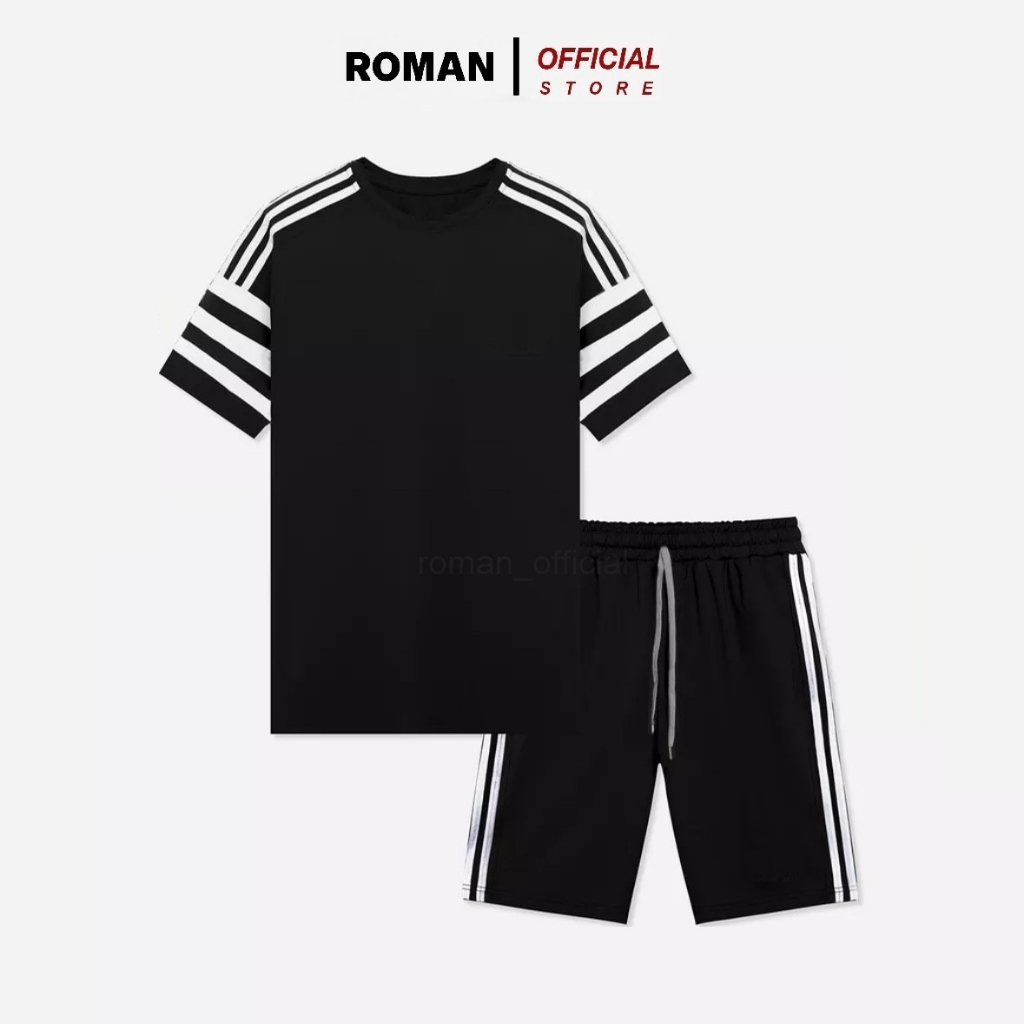 Bộ thể thao nam hè phối sọc ROMAN quần áo cộc tay cổ tròn vải poly cao cấp