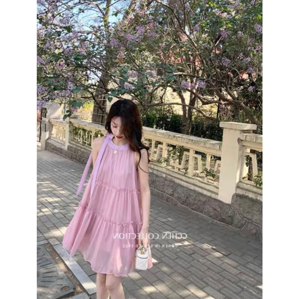 Đầm Babydoll Tầng 5 Màu Dáng Xòe, Đầm Cổ Tròn Cổ Yếm Cột Nơ Phong Cách Hàn Quốc Siêu Xinh Matmat