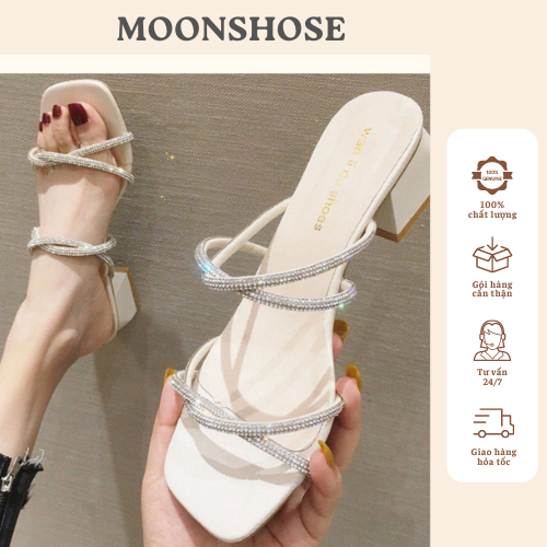 Dép sandal cao gót quai đính đá siêu xinh, Dép cao đế vuông cao 5cm sang chảnh - H07