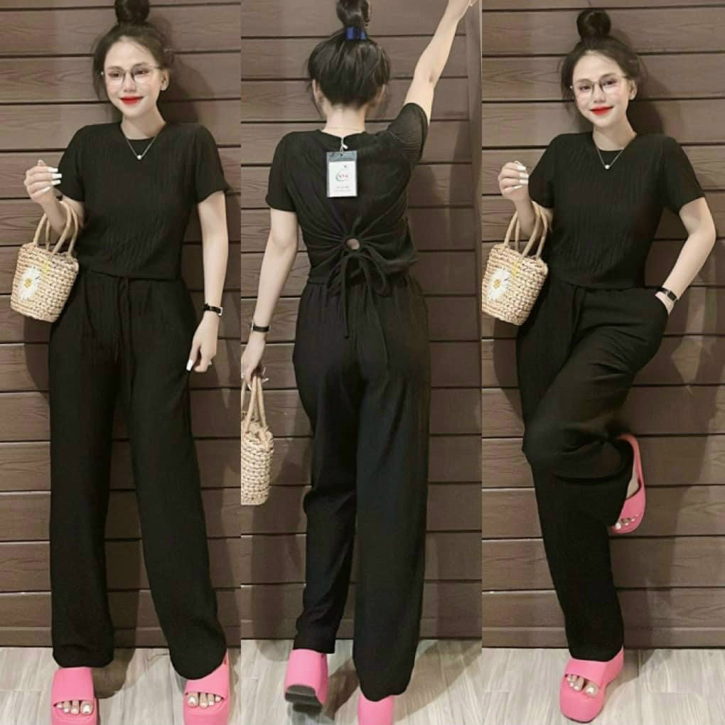 [5.5 Sales Freeship] Set bộ thun xốp basic trơn màu, set áo thun cổ tròn tay ngắn xoắn cột nơ lưng phối quần suông dài