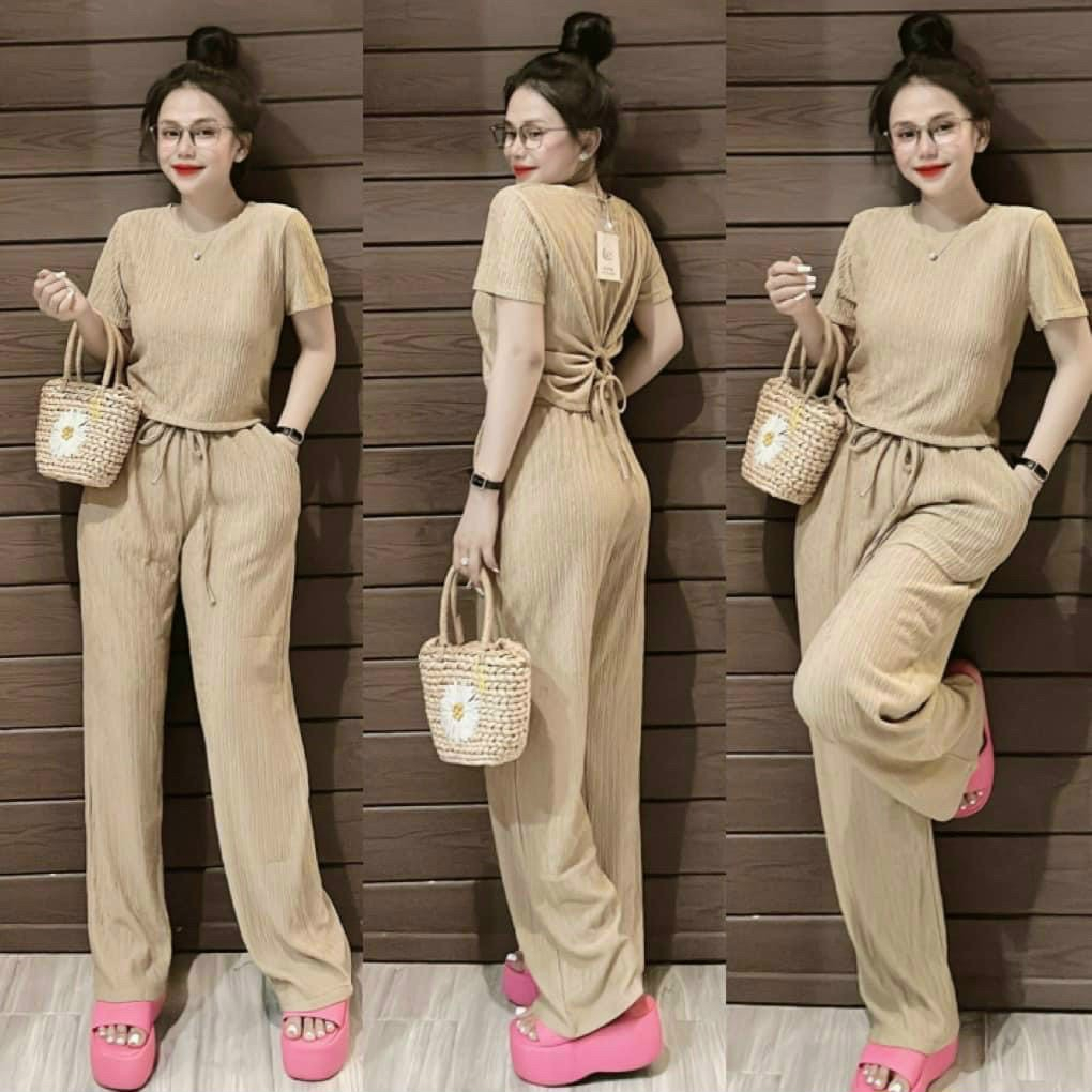 [5.5 Sales Freeship] Set bộ thun xốp basic trơn màu, set áo thun cổ tròn tay ngắn xoắn cột nơ lưng phối quần suông dài