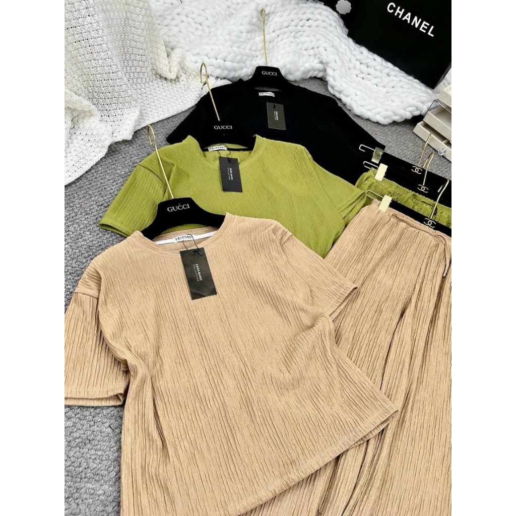 [5.5 Sales Freeship] Set bộ thun xốp basic trơn màu, set áo thun cổ tròn tay ngắn xoắn cột nơ lưng phối quần suông dài