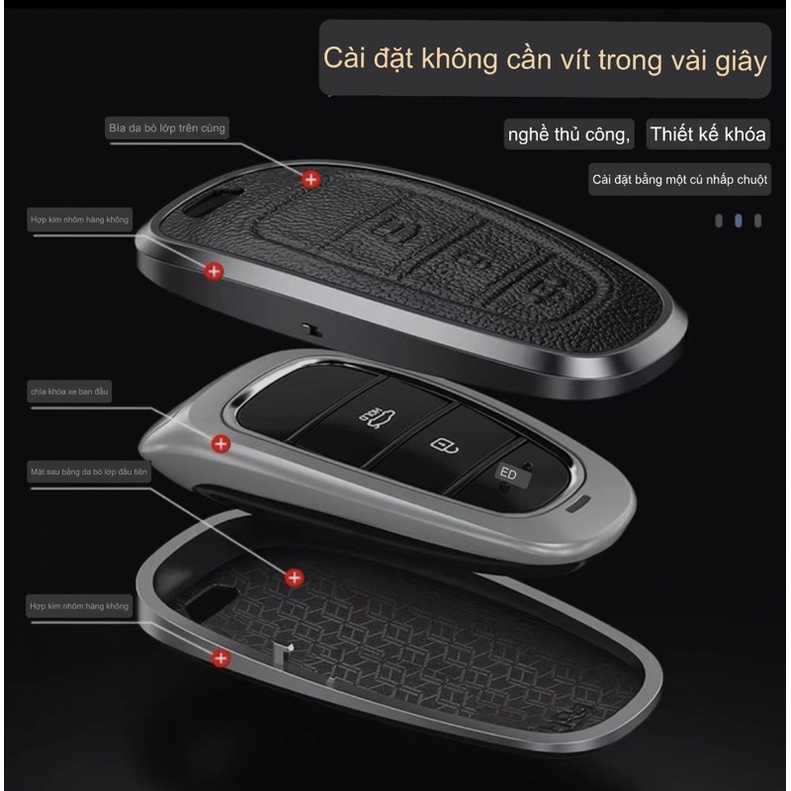 Ốp khóa xe titan mặt da cao cấp chìa khoá xe các loại SANTAFE 2021-2022,Hyndai TUCSON 2022 mẫu 4 nútTM - ốp khóa viền KL