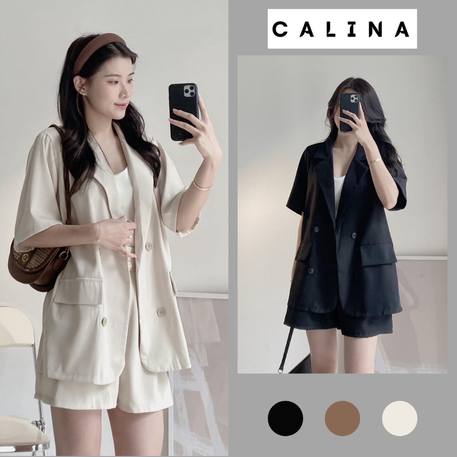 Bộ blazer cộc tay 3 món kèm áo hai dây trong và quần short cạp cao mã shetblazer1501