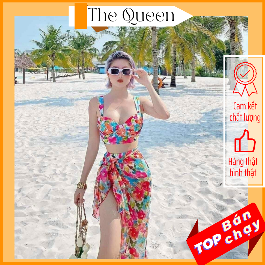 Set bikini đồ bơi nữ combo 3 món đi biển kèm khăn voan áo nâng ngực quyến rũ nhiều màu The queen 070