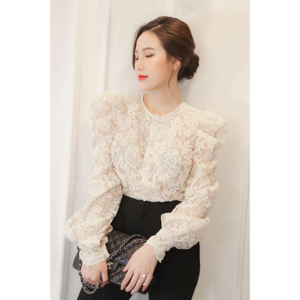 Áo sơ mi ren tay bồng cúc hoa ngọc