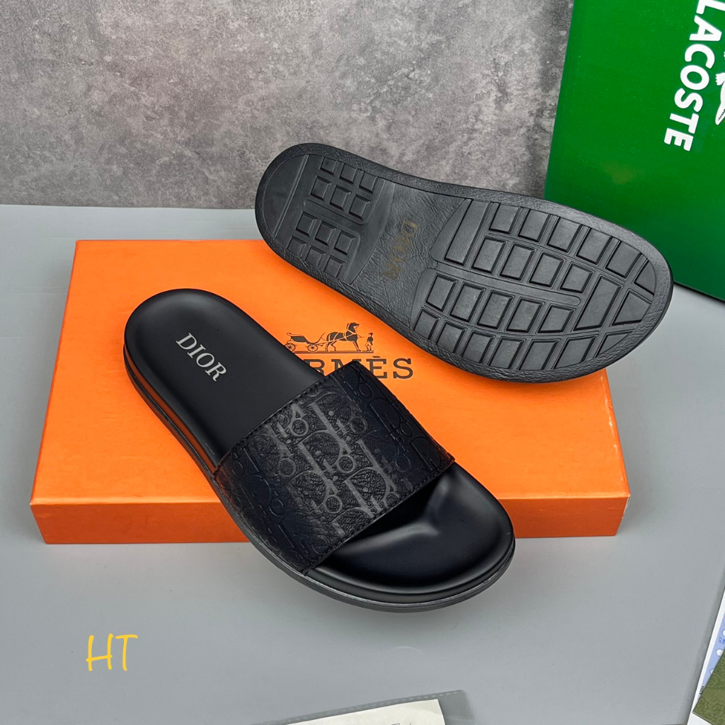 Dép Da Nam quai ngang nam full Box LOGO khắc chìm _Dép lê nam đế chống trơn