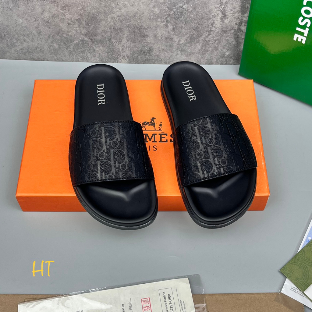 Dép Da Nam quai ngang nam full Box LOGO khắc chìm _Dép lê nam đế chống trơn