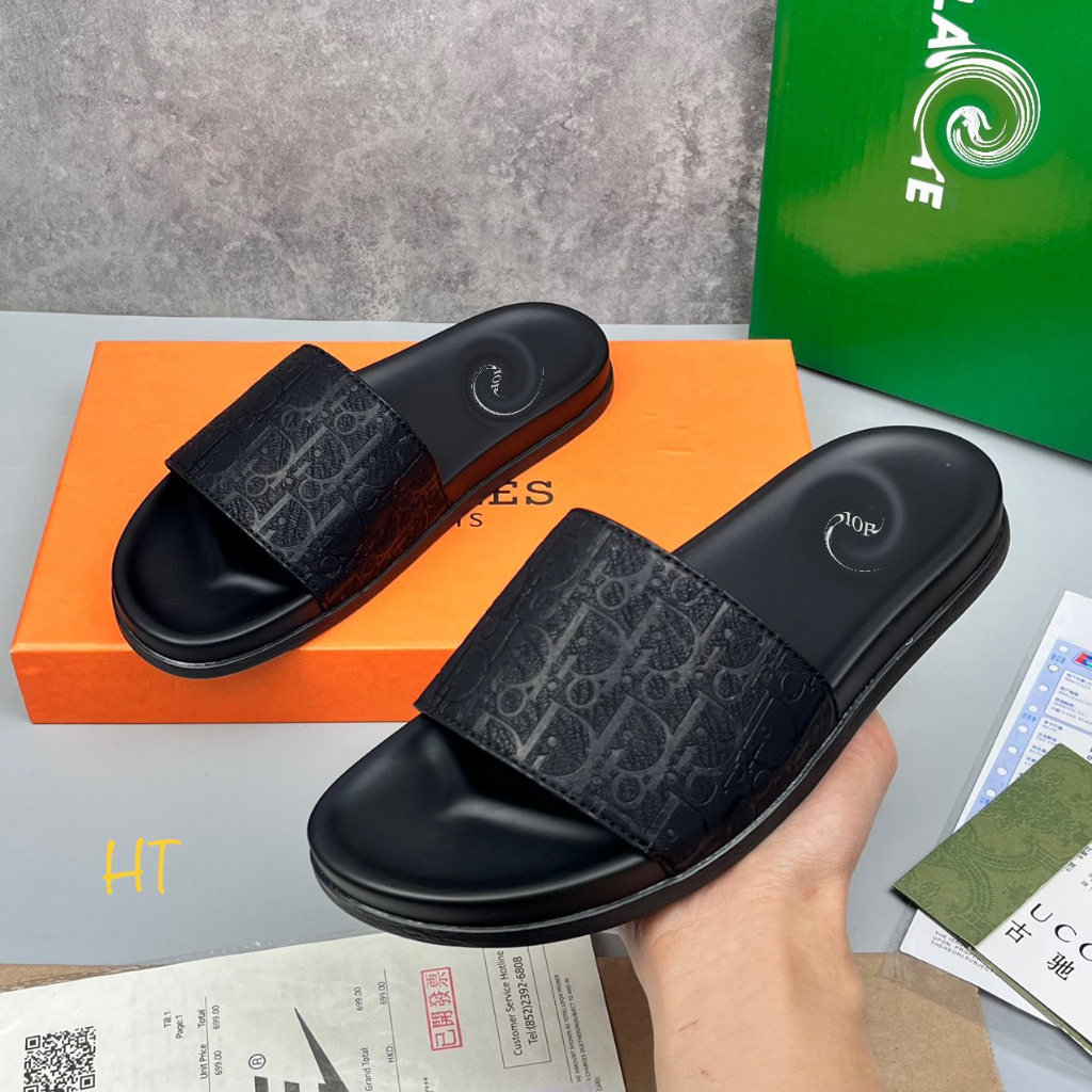 Dép Da Nam quai ngang nam full Box LOGO khắc chìm _Dép lê nam đế chống trơn