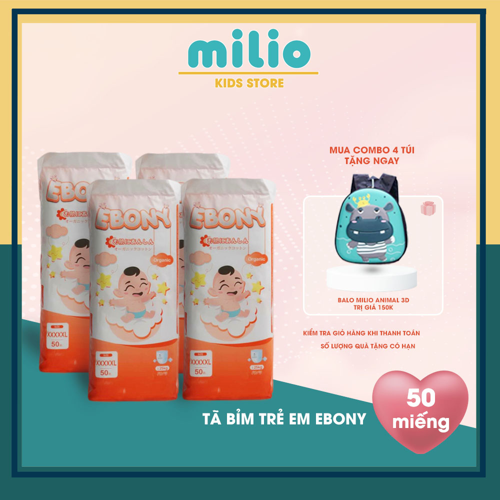 Tã bỉm quần MILIO Ebony Organic mặc mùa hè size M50 L50 XL50 2XL50 3XL50 4XL50 5XL50, combo tặng balô 3D cao cấp