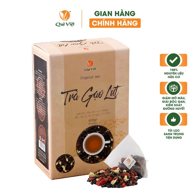 Trà Gạo Lứt Quê Việt - hộp 600gr - 20 túi lọc, thanh lọc, mát gan, giải độc cơ thể