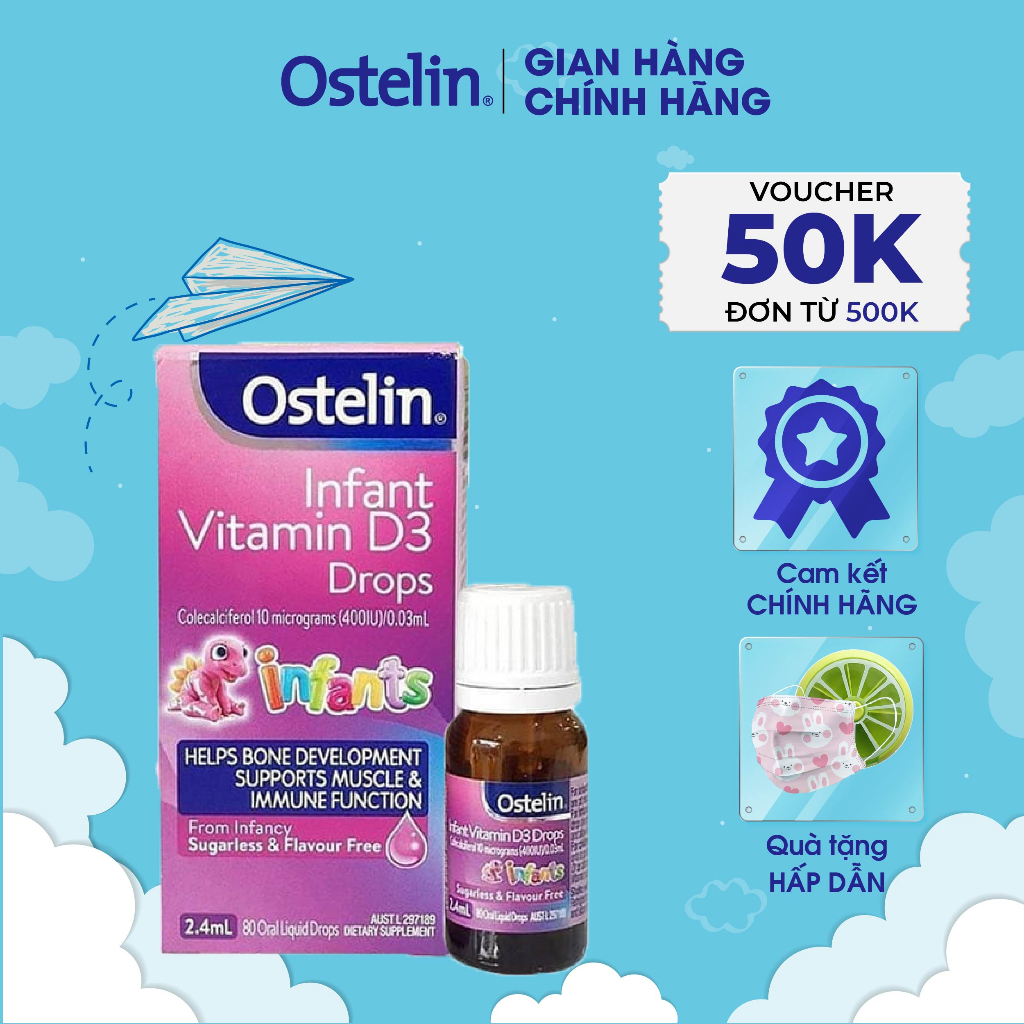 Vitamin D3 400IU Ostelin Infant Kids Drop 2.4ml cho trẻ sơ sinh giúp tăng cường khả năng hấp thụ và chuyển hóa canxi