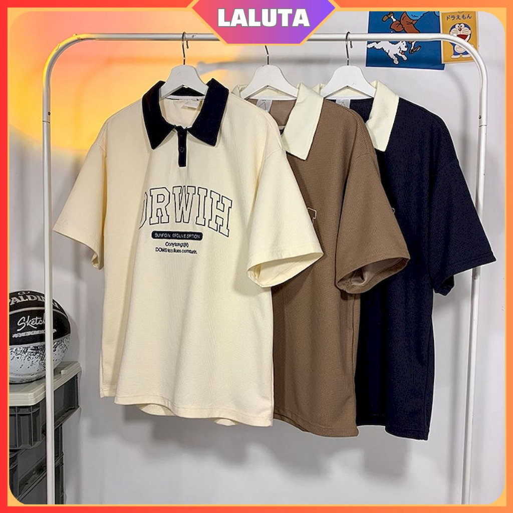 Áo polo ovesize tay lỡ form rộng nam nữ LALUTA áo phông có cổ học sinh thêu DRWIH chất cotton tổ ong thoáng mát AT015