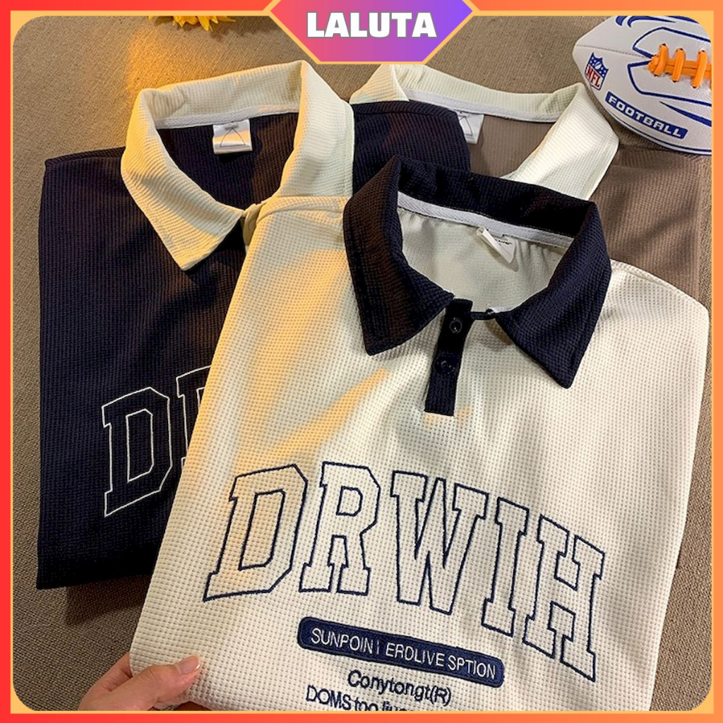 Áo polo ovesize tay lỡ form rộng nam nữ LALUTA áo phông có cổ học sinh thêu DRWIH chất cotton tổ ong thoáng mát AT015