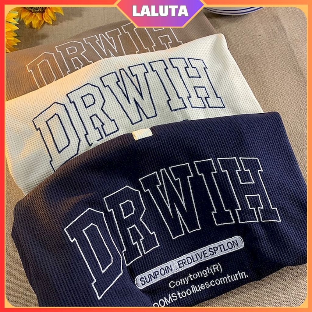 Áo polo ovesize tay lỡ form rộng nam nữ LALUTA áo phông có cổ học sinh thêu DRWIH chất cotton tổ ong thoáng mát AT015