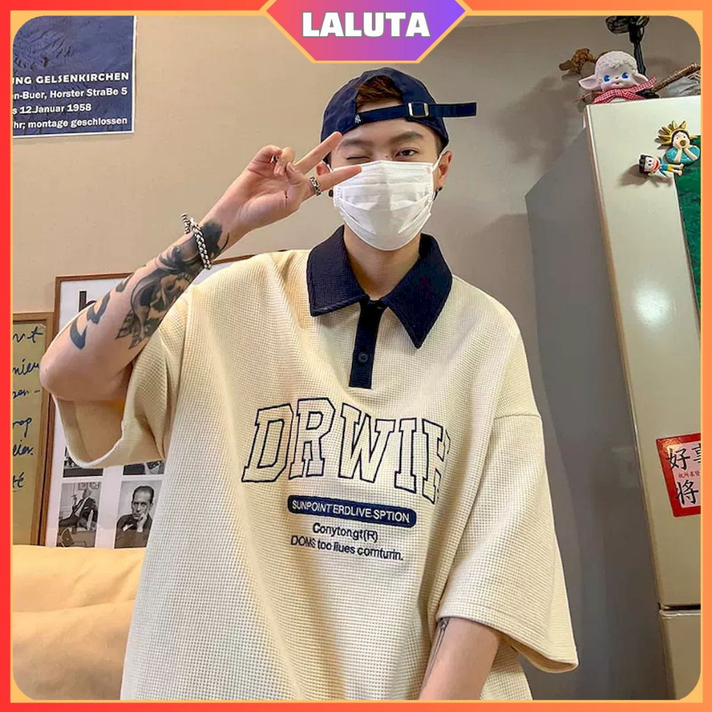 Áo polo ovesize tay lỡ form rộng nam nữ LALUTA áo phông có cổ học sinh thêu DRWIH chất cotton tổ ong thoáng mát AT015