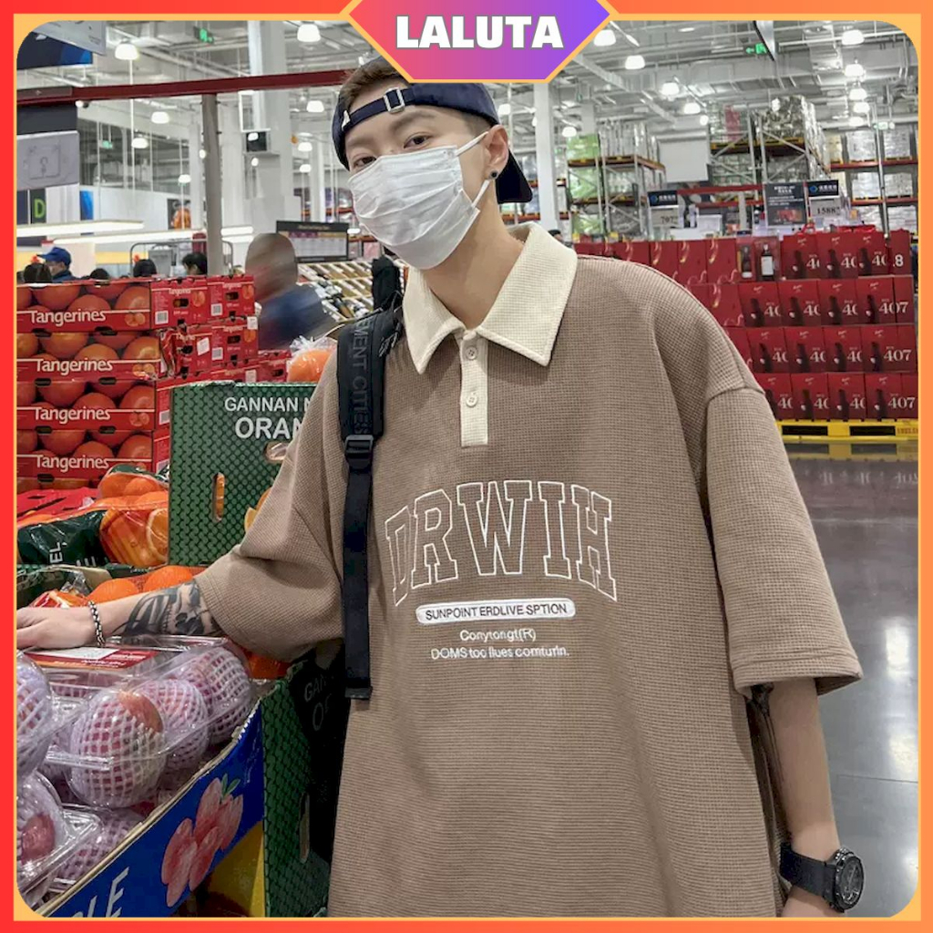 Áo polo ovesize tay lỡ form rộng nam nữ LALUTA áo phông có cổ học sinh thêu DRWIH chất cotton tổ ong thoáng mát AT015