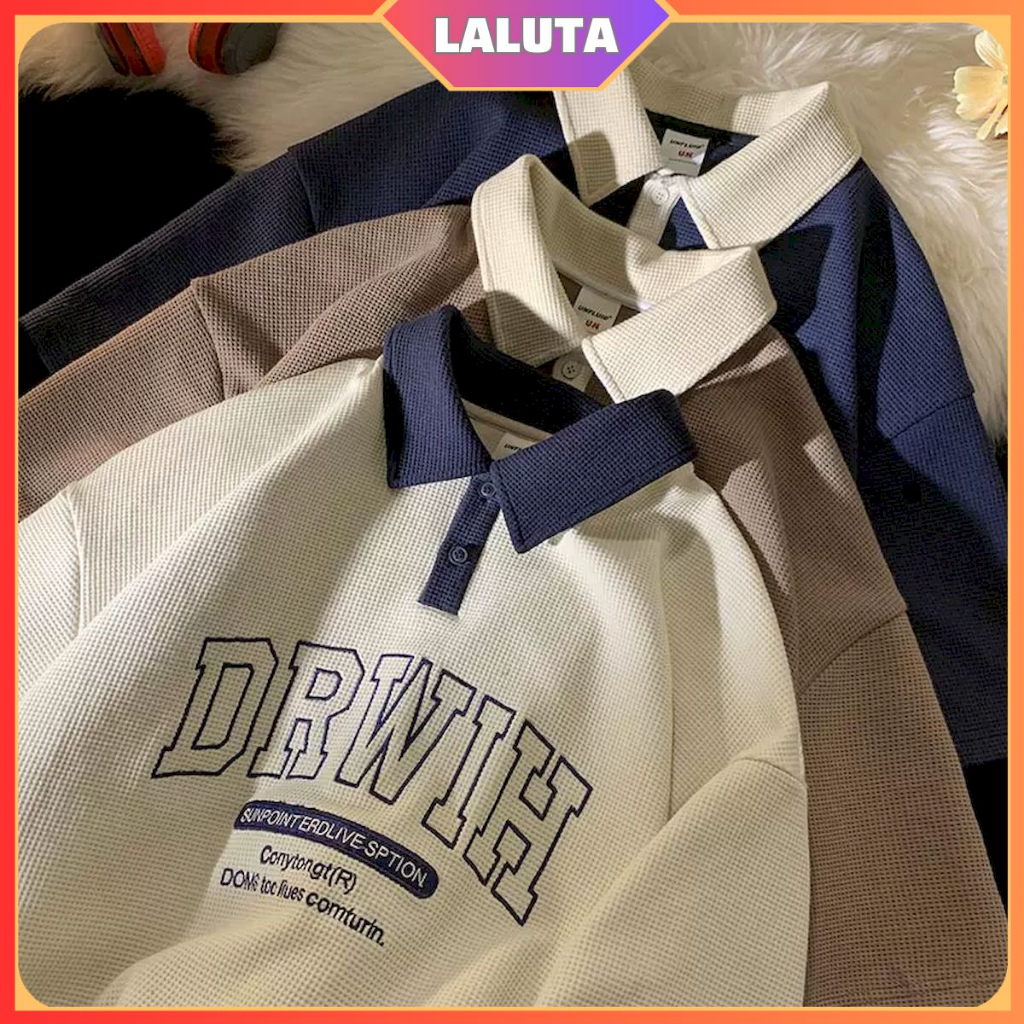 Áo polo ovesize tay lỡ form rộng nam nữ LALUTA áo phông có cổ học sinh thêu DRWIH chất cotton tổ ong thoáng mát AT015