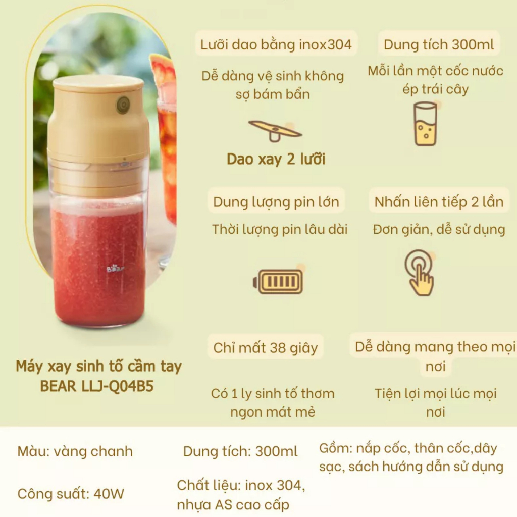 Máy ép trái cây cầm tay chính hãng BEAR đa năng,máy xay đá sinh tố hoa quả di động dùng pin thông minh tiện lợi