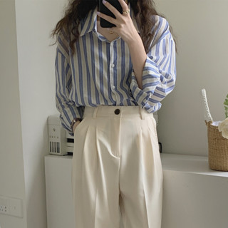  Áo Sơ Mi Kẻ Sọc Nữ Phong Cách Hàn Quốc Form Rộng Sơ Mi Cho Nữ Freesize SUBICI 