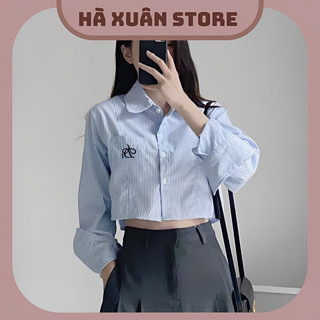 Áo sơ mi croptop tay dài kẻ sọc thêu hoạ tiết 3004_haxuanstore