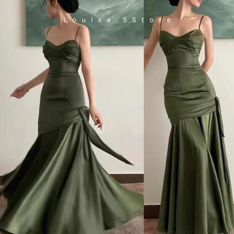 Sẵn S Đầm lụa hai dây đầm lụa đuôi cá dáng dài bản thiết kế cao cấp