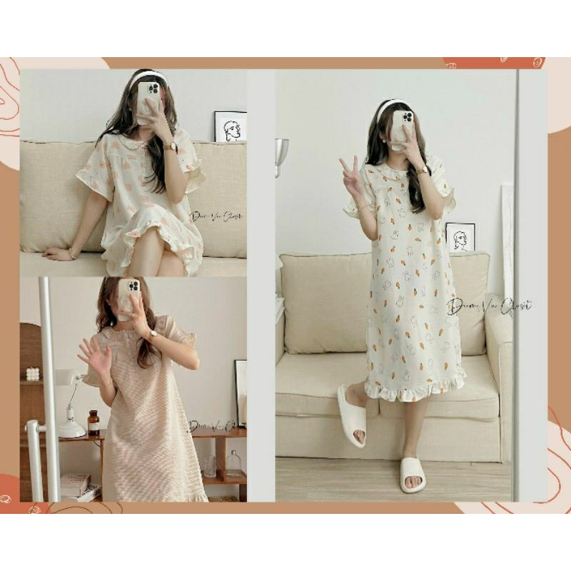 [Hình Thật] Đầm ngủ nữ chất đũi xốp/ đũi gân viền bèo tiều thư hoạ tiết cute | BigBuy360 - bigbuy360.vn