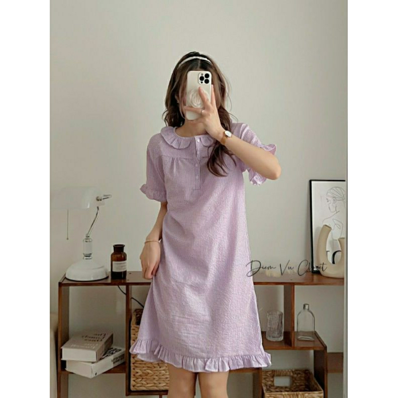[Hình Thật] Đầm ngủ nữ chất đũi xốp/ đũi gân viền bèo tiều thư hoạ tiết cute | BigBuy360 - bigbuy360.vn