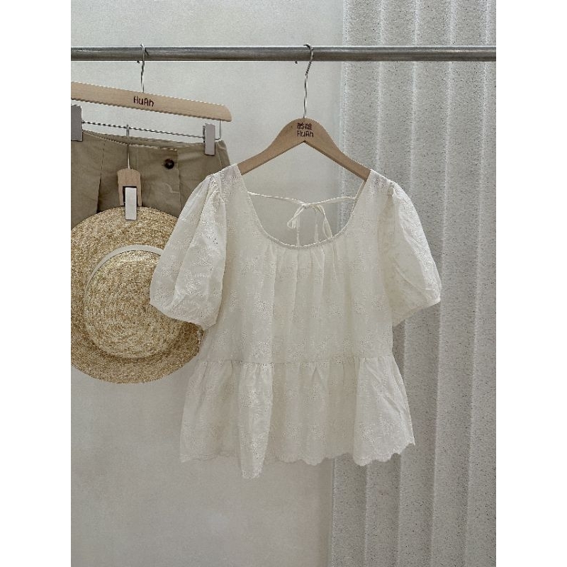 Áo thô thêu hoa HuAh dáng babydoll cổ U cách điệu buộc nơ lưng ulzzang tiểu thư Hàn Quốc - Ảnh thật Yena Closet