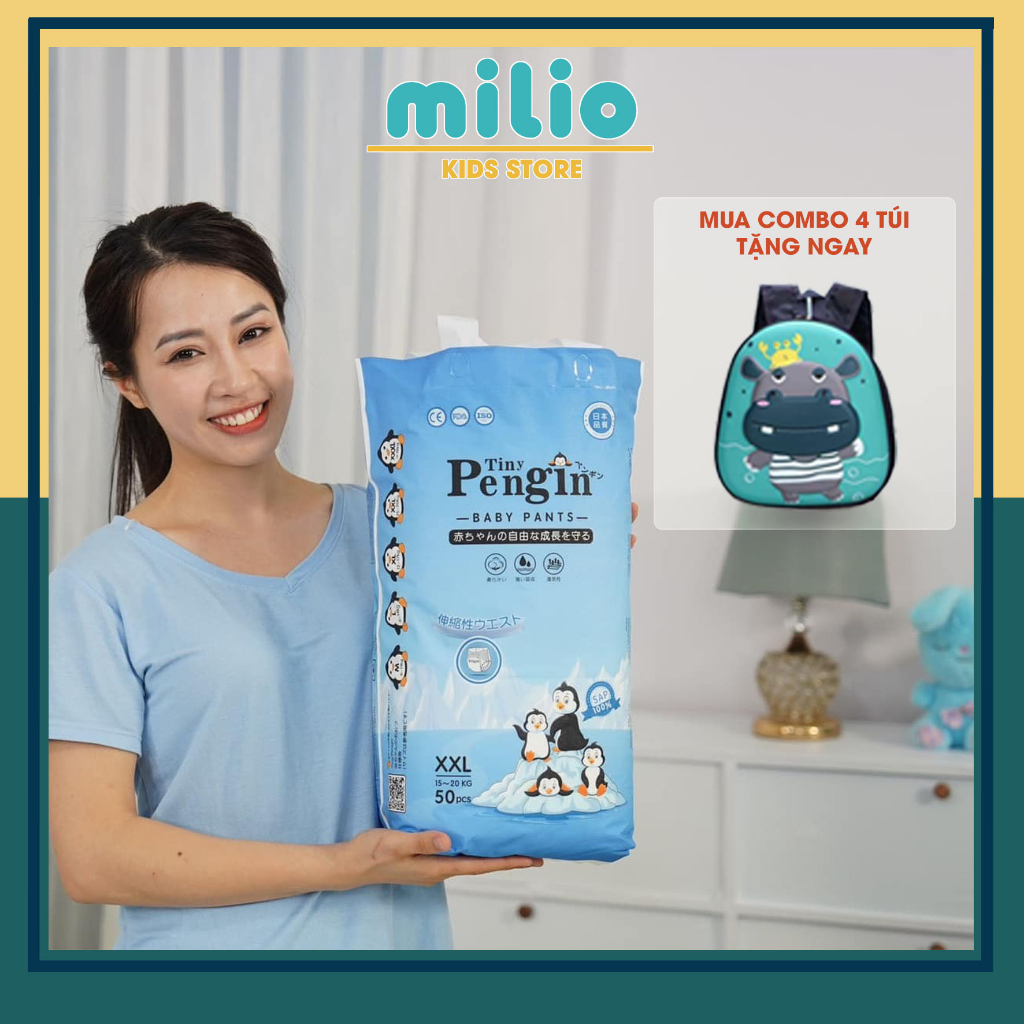 Tã bỉm MILIO Tiny Pengin size S50 M50 L50 XL50 2XL50 3XL50 4XL50 5XL50 siêu thấm hút x2, mua combo tặng balô 3D cao cấp