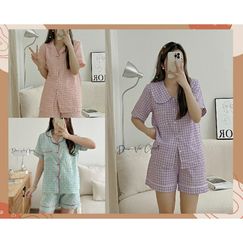 Set đồ ngủ, pijama đũi mặc nhà hoạ tiết caro cổ sen/ cổ vest dáng cộc