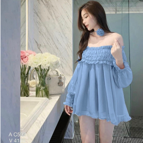Áo trễ vai dài tay, áo bẹt vai tay dài phối nơ cổ chất liệu voan tơ cao cấp- hàng loại 1 chuẩn shop cho nàng đi chơi