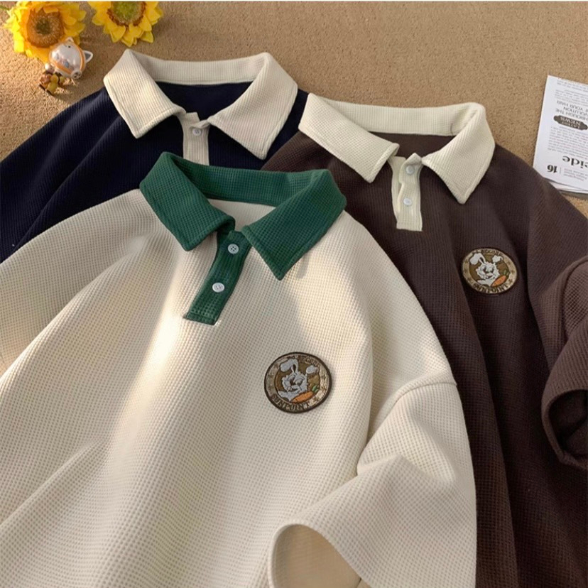 Áo Polo Nam Nữ Tay Lỡ Logo Thỏ Dễ Thương NAD Unisex - Áo Cổ Bẻ Chất Liệu Tổ Ong Dệt Trẻ Trung,Cá Tính,Phong Cách Ulzzang