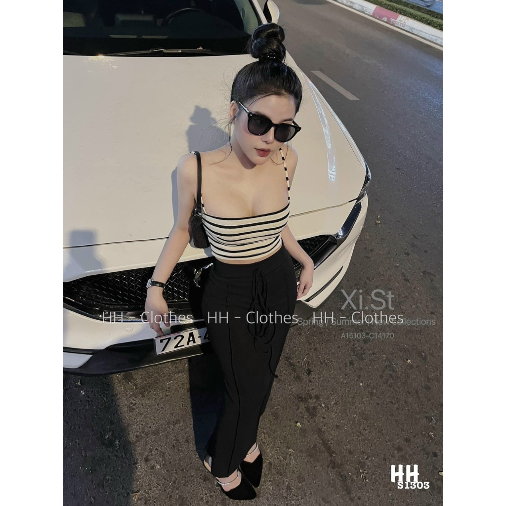 Sét bộ áo 2 dây croptop sọc ngang phối quần ống loe xinh xinh , chất thun gân mềm mịn dày dặn