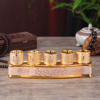Bộ năm ly nước thờ cúng kim sa vàng gốm sứ gồm đế và 5 ly