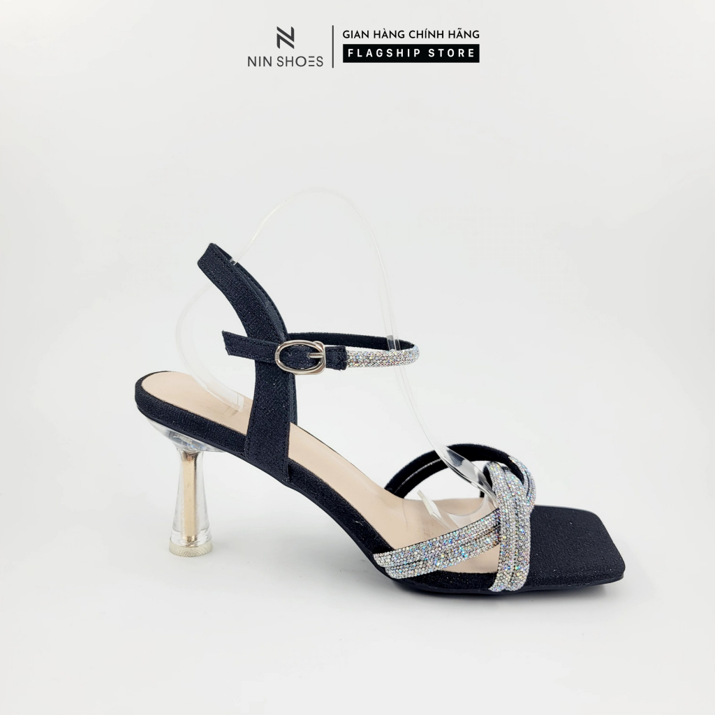Sandal nữ Ninshoes 6 phân gót trong và mũi vuông hai dây ngang đính đá đan nhau cao cấp